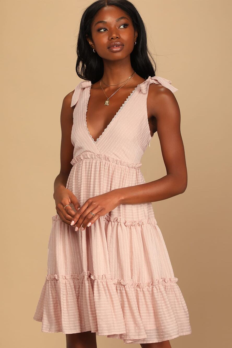 NWT Lulus One to Remember Blush Pink Tie-Strap Tiered Babydoll Dress L 1432876